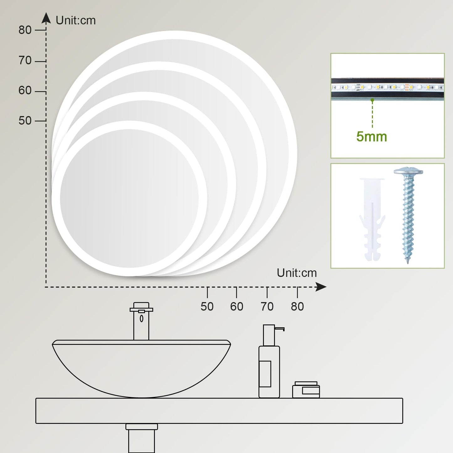 AllRight LED Bathroom Mirror with Lighting, 50 cm
