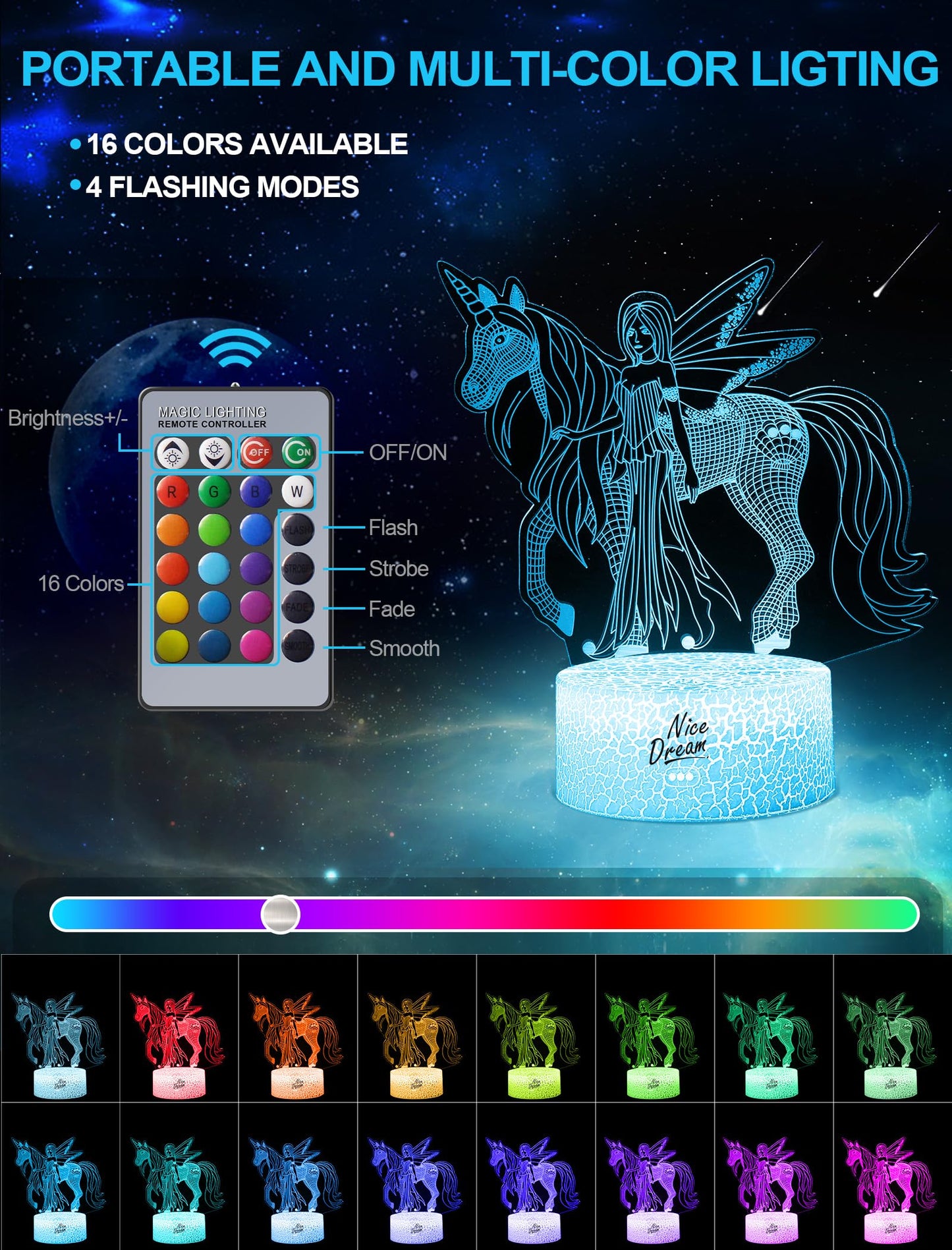 3D Dream Unicorn Nattelys - Til Drenge og Piger