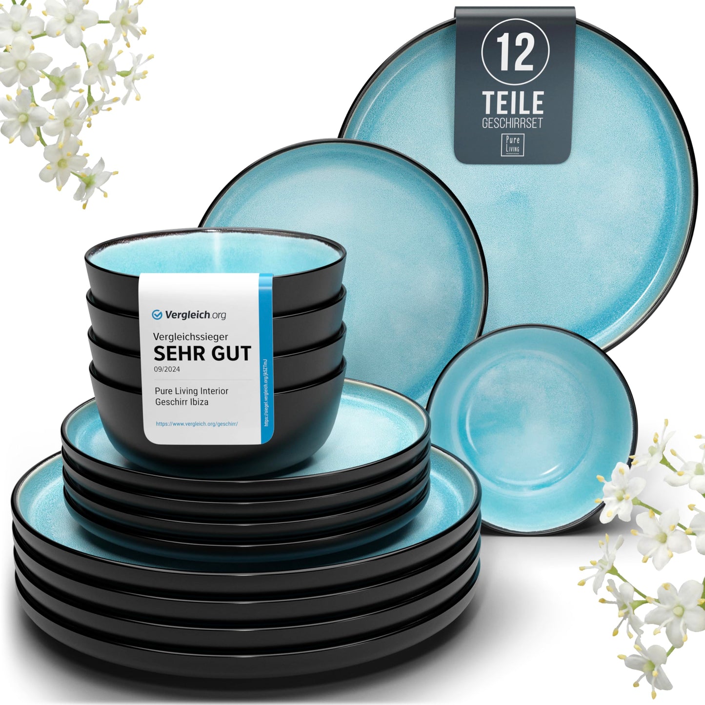 Pure Living Ibiza Stoneware Crockery Set for 6 People, 24-Piece