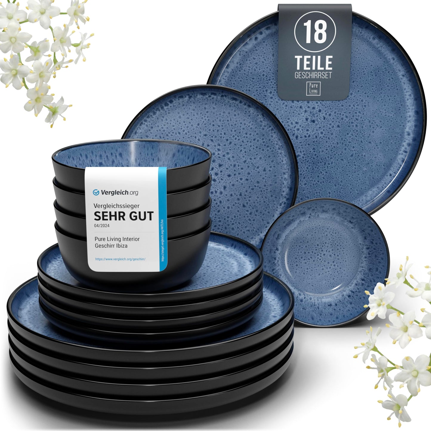 Pure Living Ibiza Stoneware Crockery Set for 6 People, 24-Piece