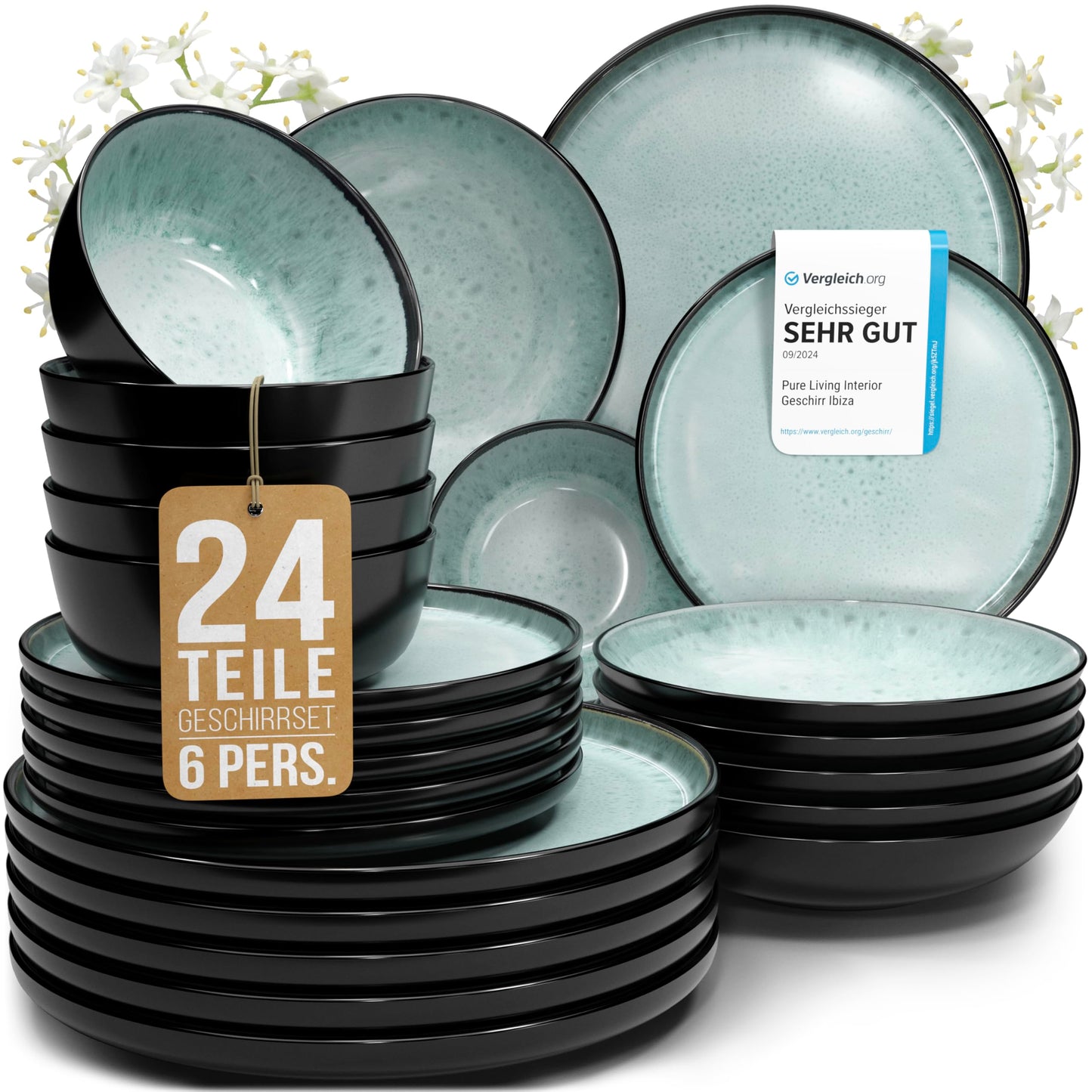 Pure Living Ibiza Stoneware Crockery Set for 6 People, 24-Piece