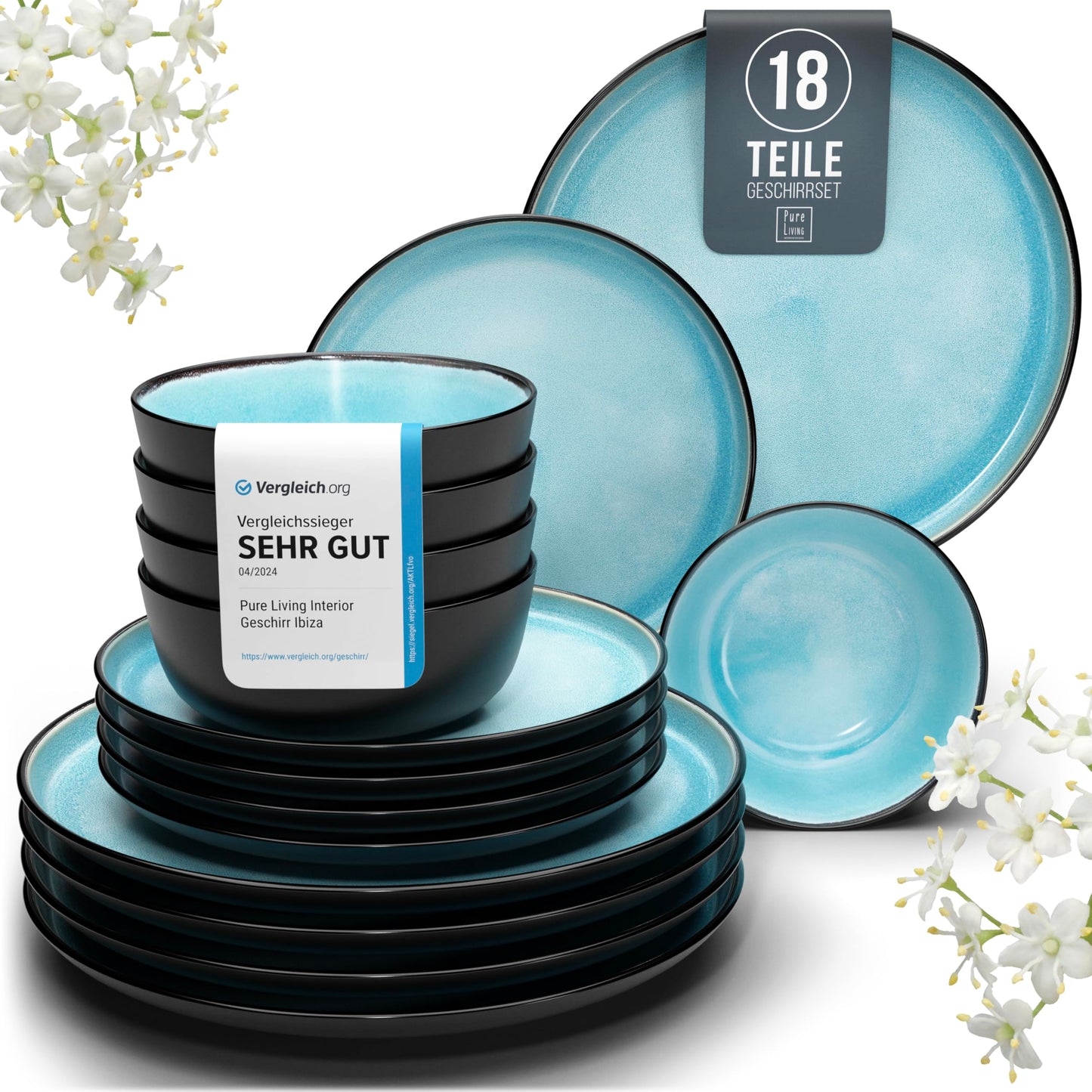 Pure Living Ibiza Stoneware Crockery Set for 6 People, 24-Piece