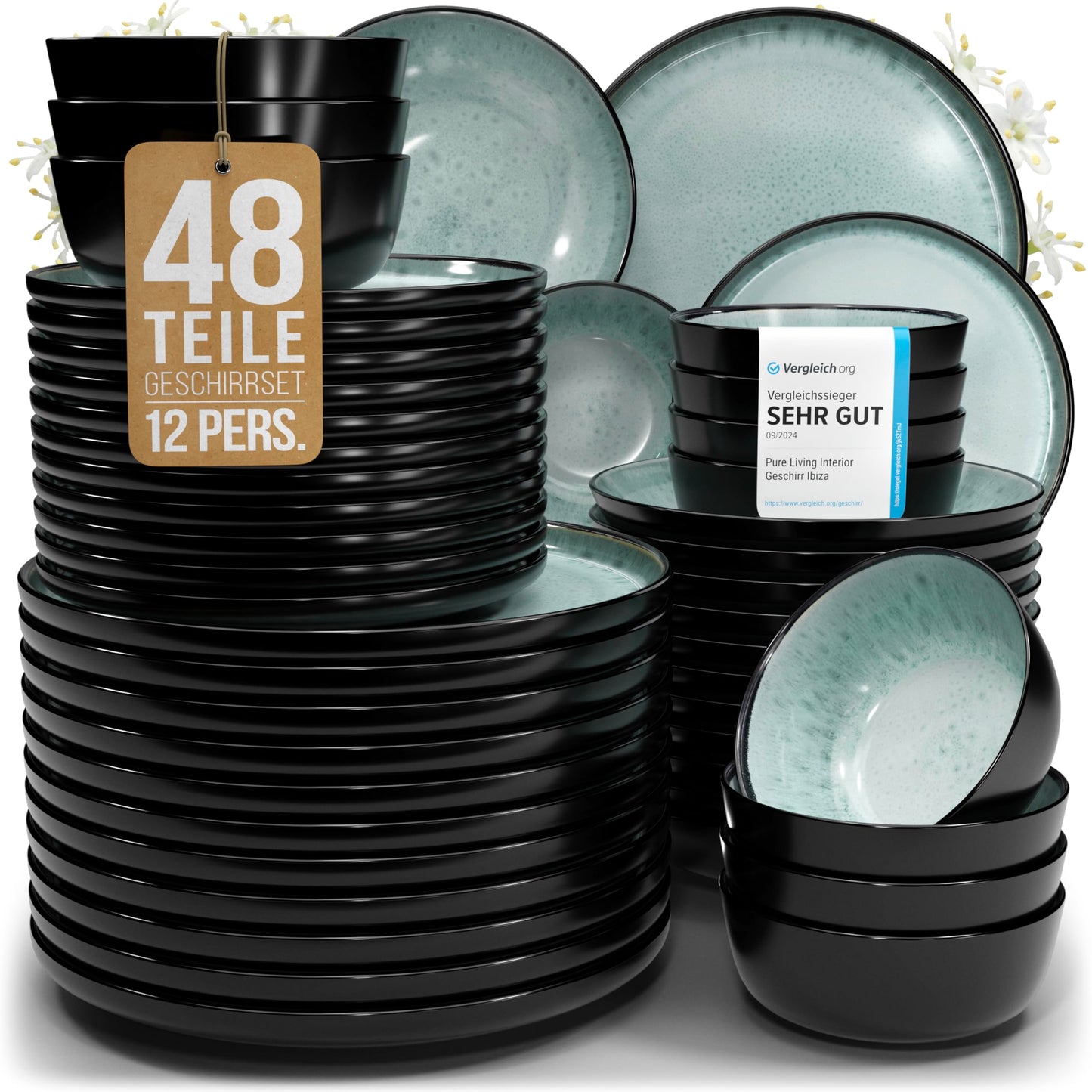Pure Living Ibiza Stoneware Crockery Set for 6 People, 24-Piece