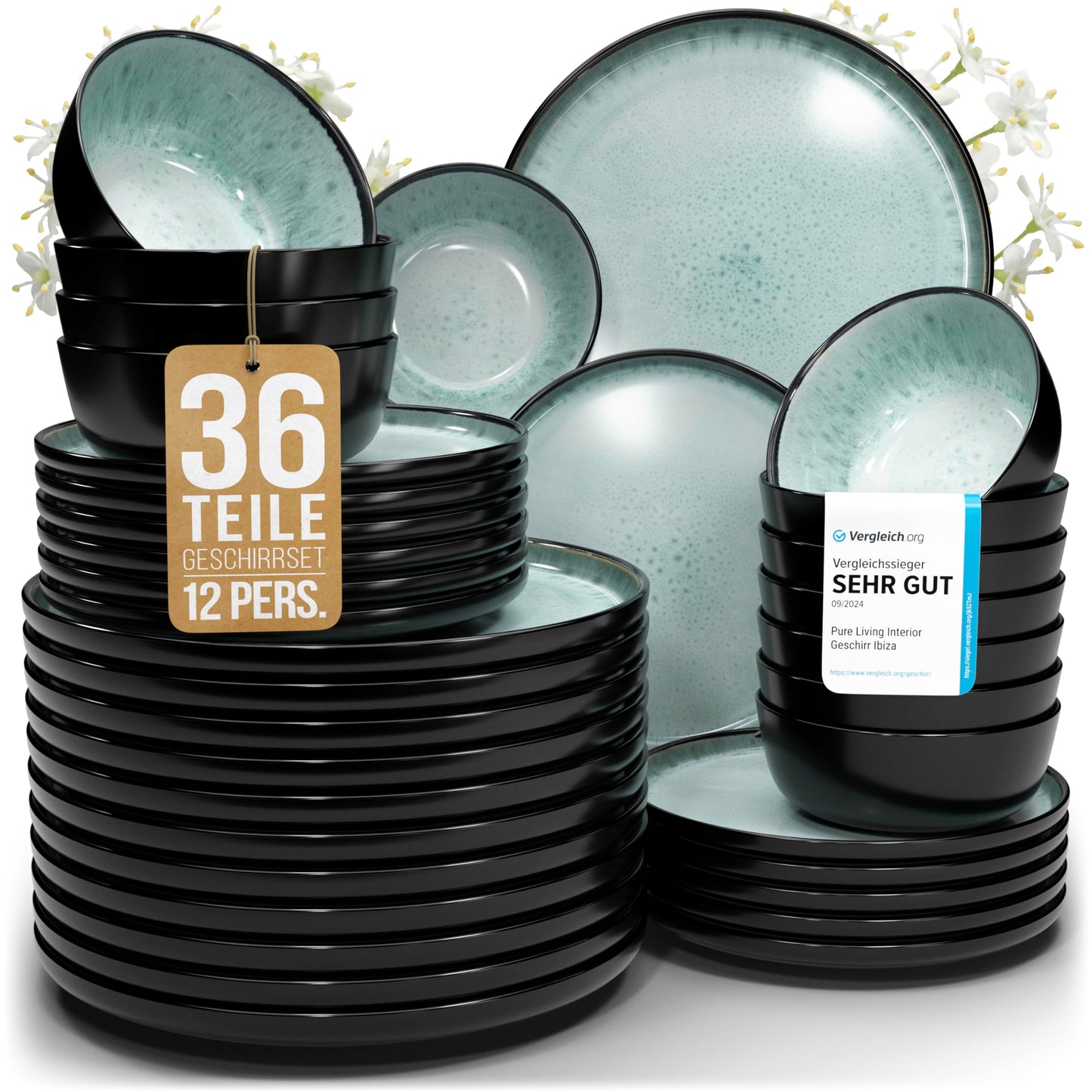 Pure Living Ibiza Stoneware Crockery Set for 6 People, 24-Piece