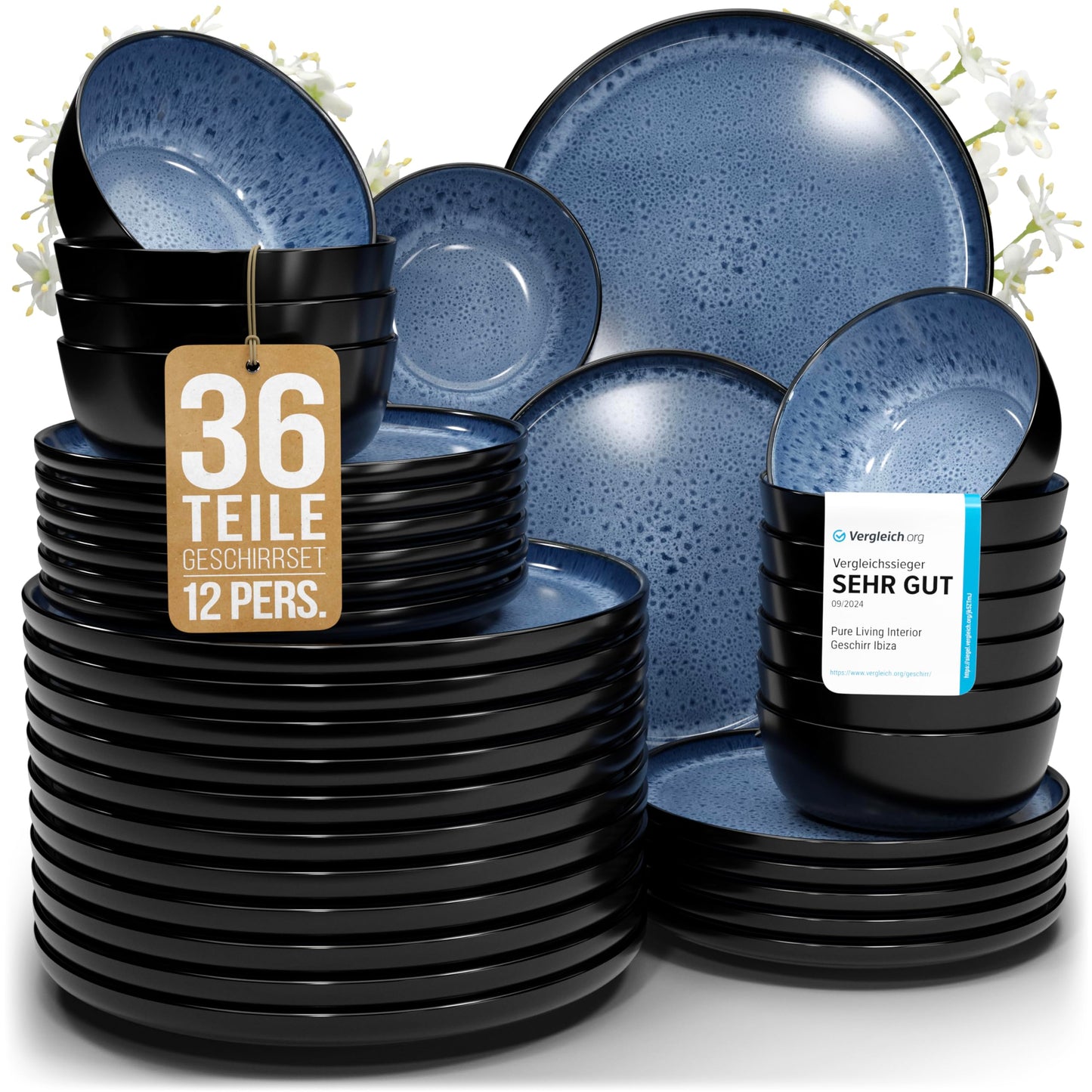 Pure Living Ibiza Stoneware Crockery Set for 6 People, 24-Piece