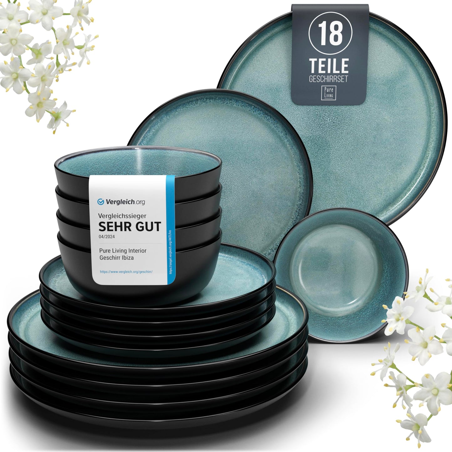 Pure Living Ibiza Stoneware Crockery Set for 6 People, 24-Piece
