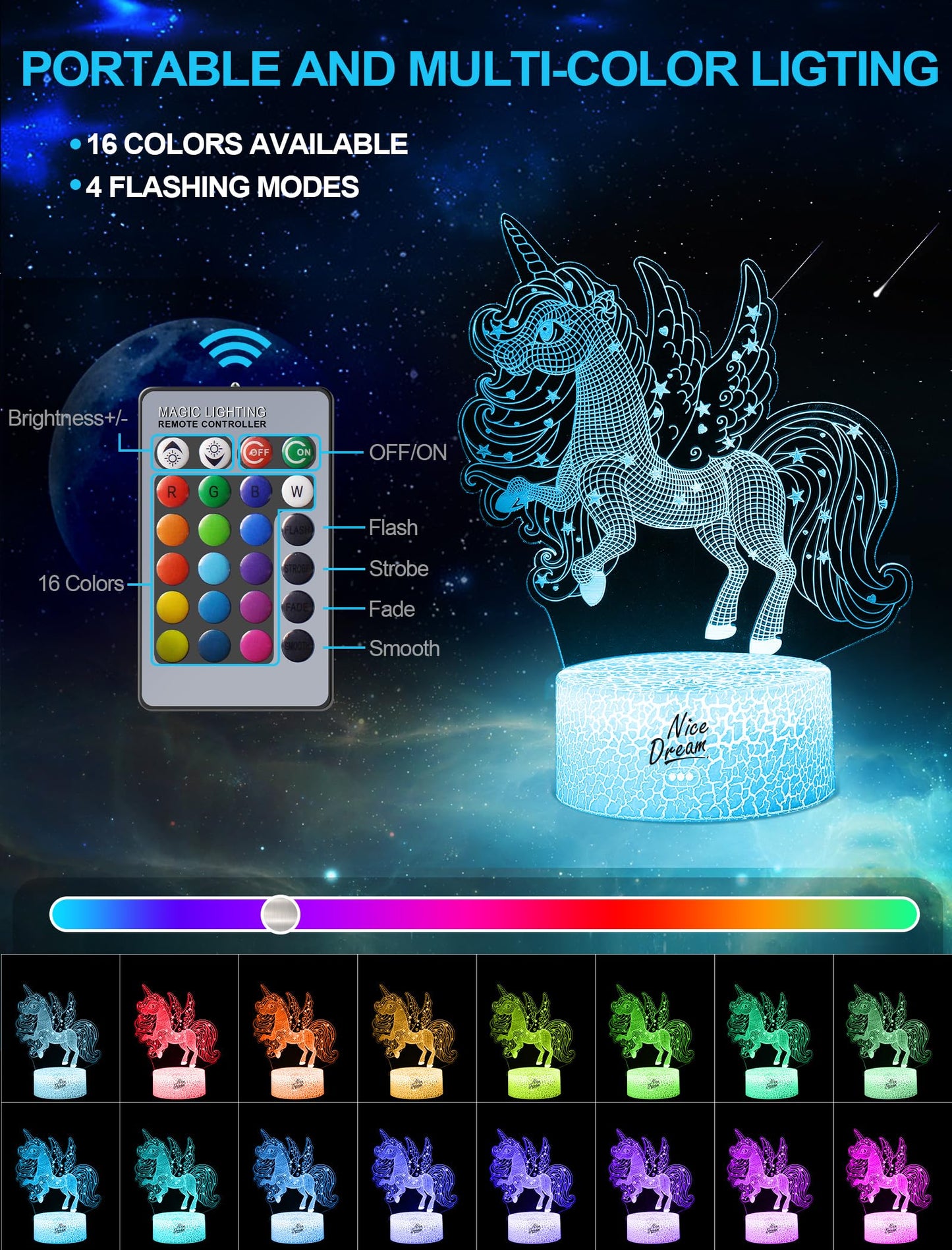 3D Dream Unicorn Nattelys - Til Drenge og Piger