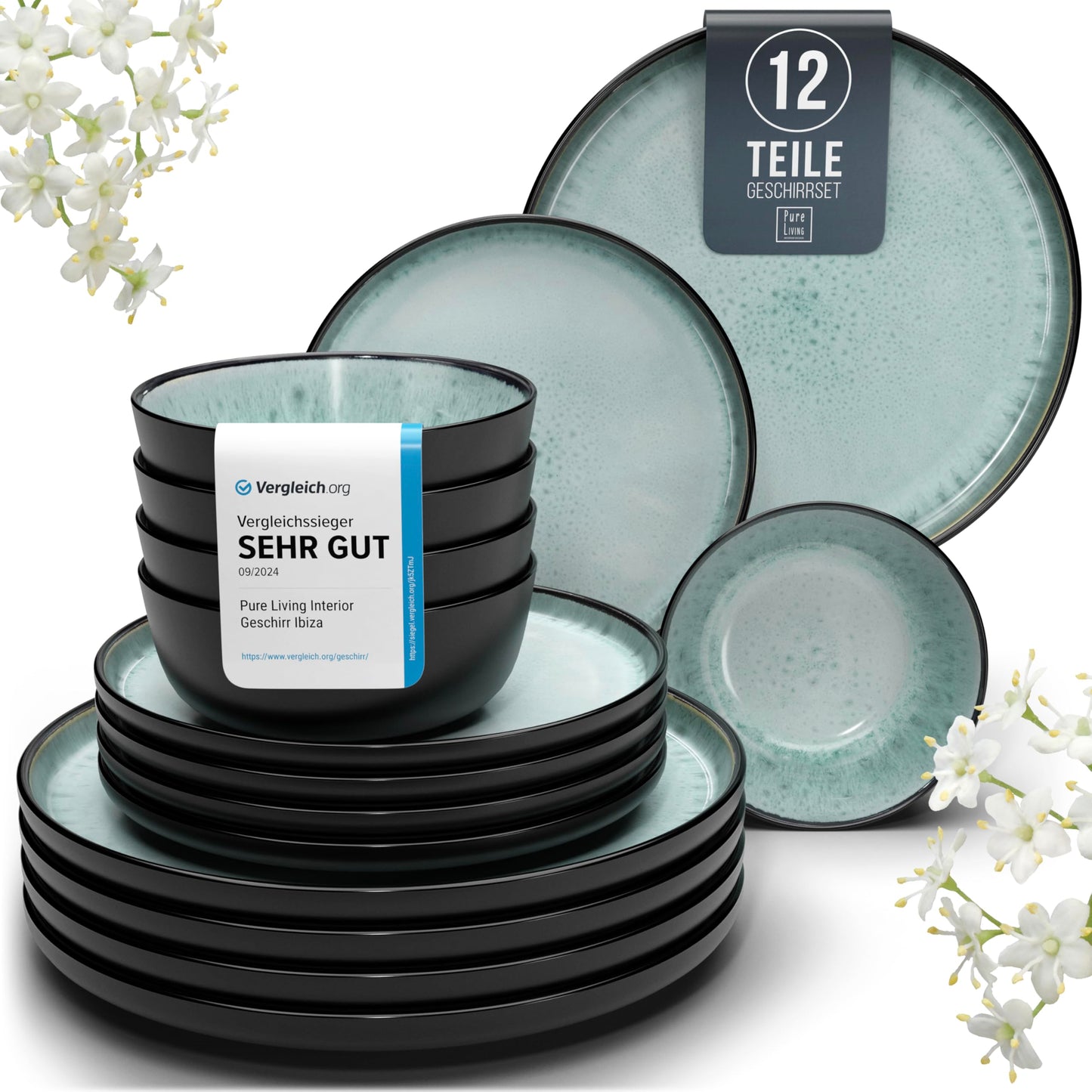 Pure Living Ibiza Stoneware Crockery Set for 6 People, 24-Piece