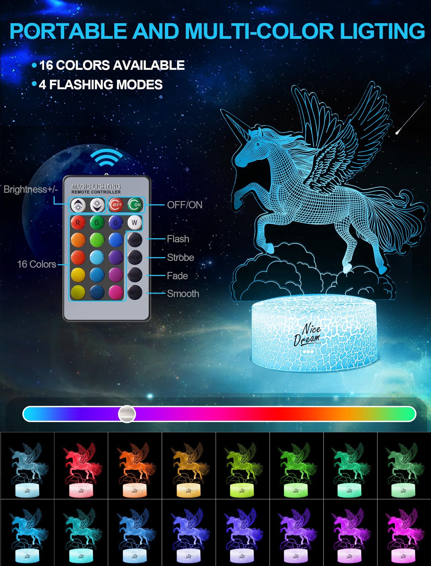 3D Dream Unicorn Nattelys - Til Drenge og Piger