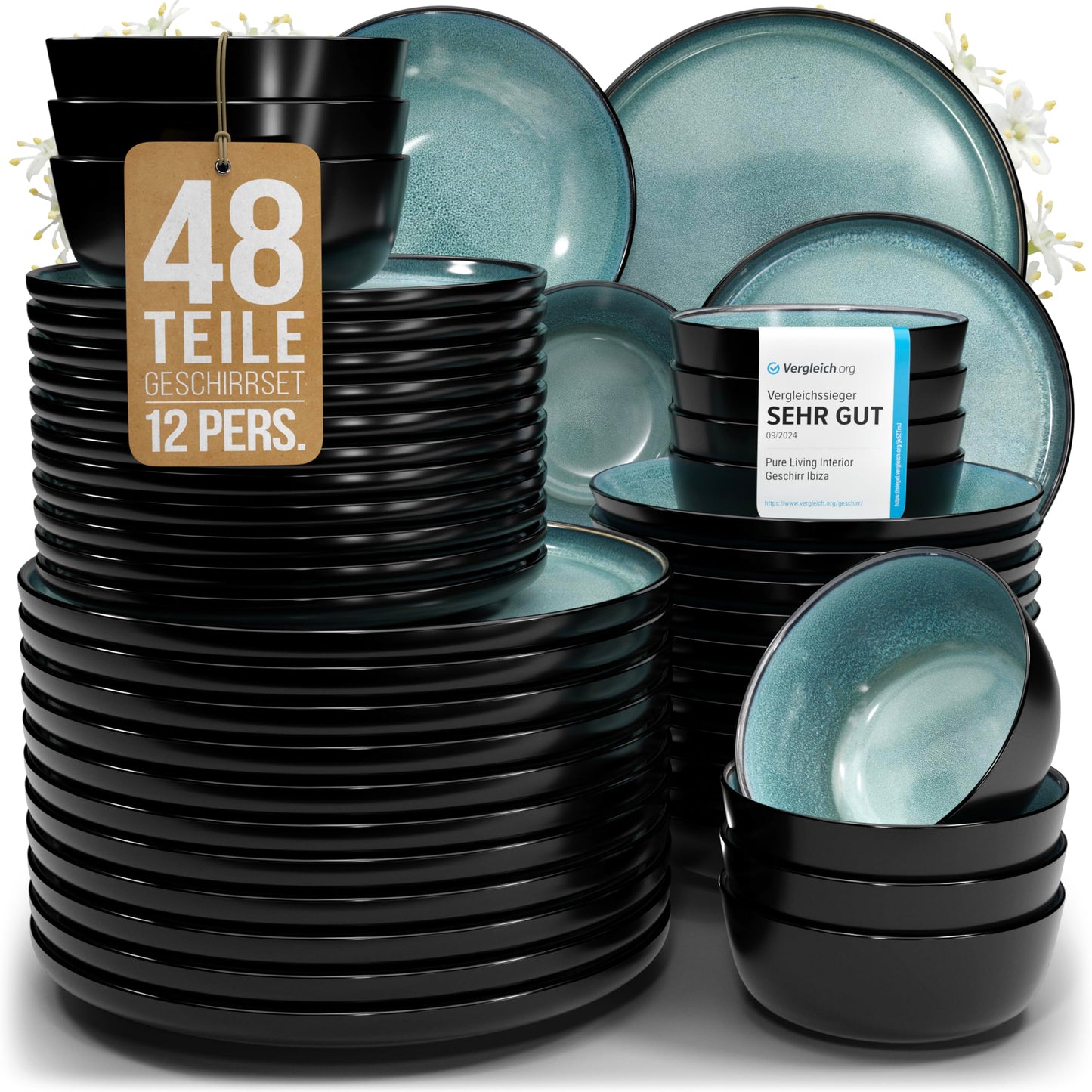 Pure Living Ibiza Stoneware Crockery Set for 6 People, 24-Piece