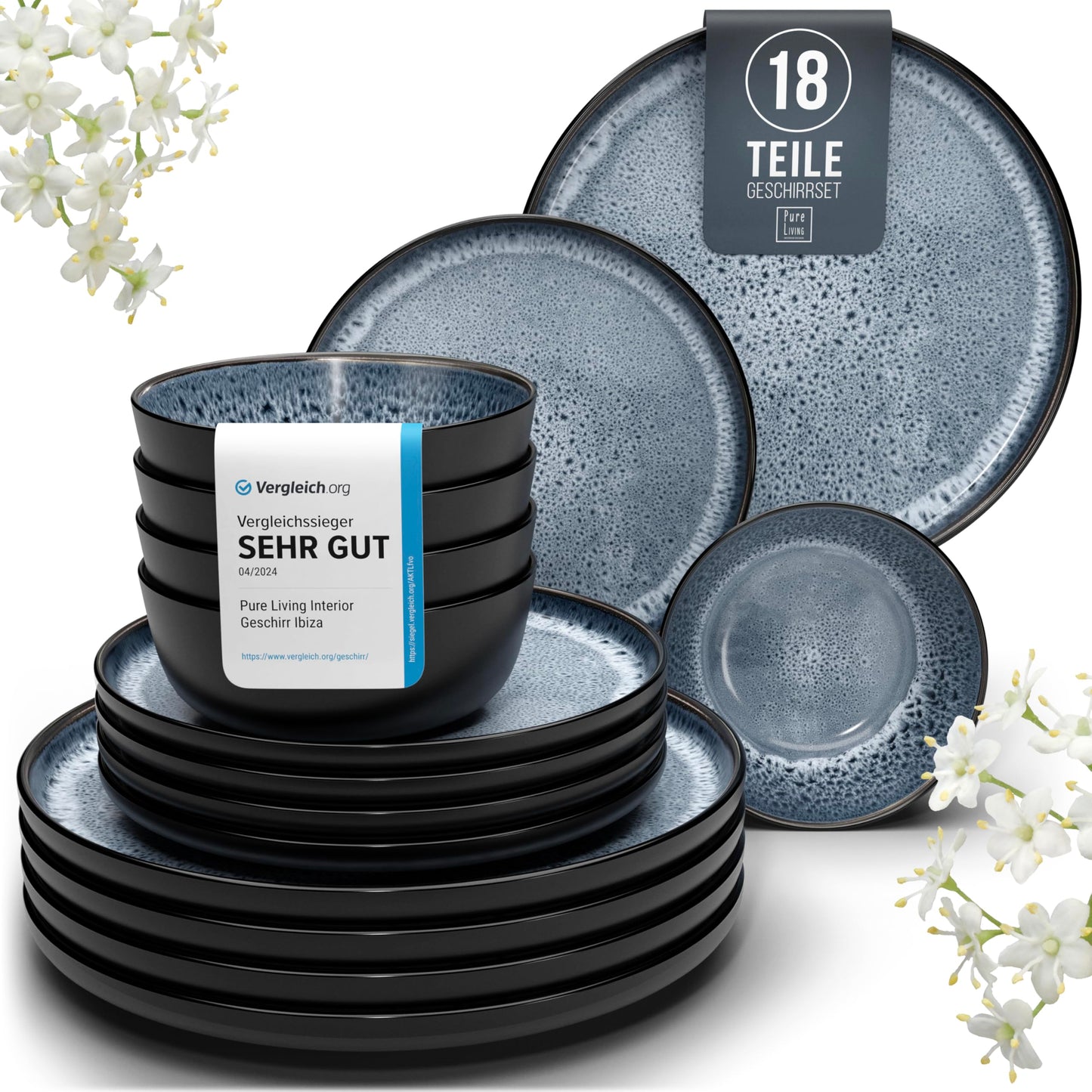 Pure Living Ibiza Stoneware Crockery Set for 6 People, 24-Piece