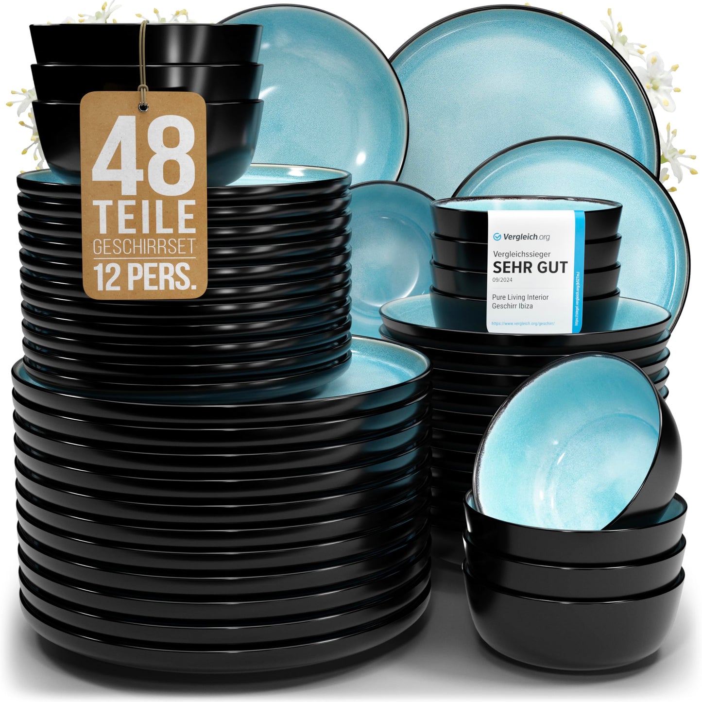 Pure Living Ibiza Stoneware Crockery Set for 6 People, 24-Piece