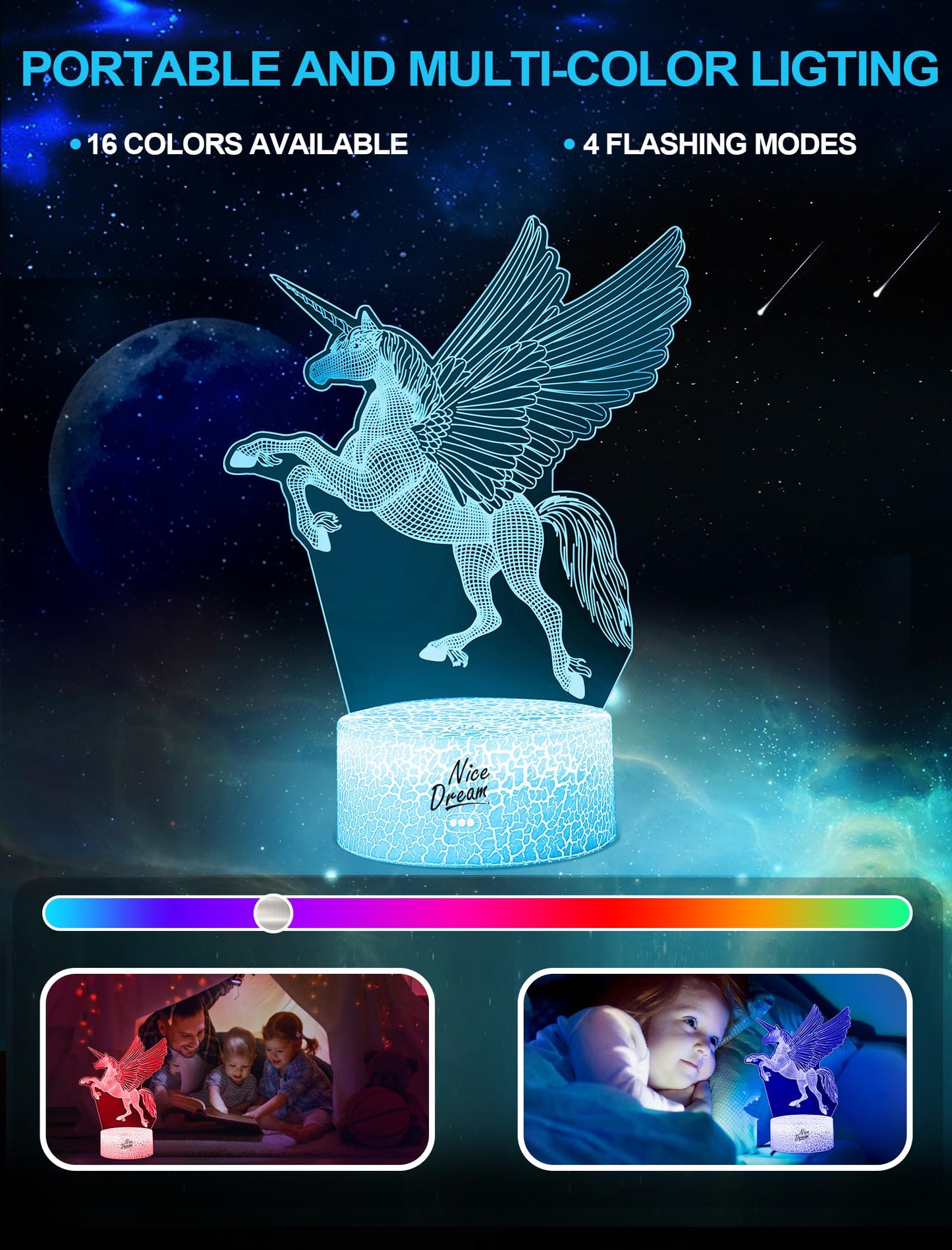3D Dream Unicorn Nattelys - Til Drenge og Piger