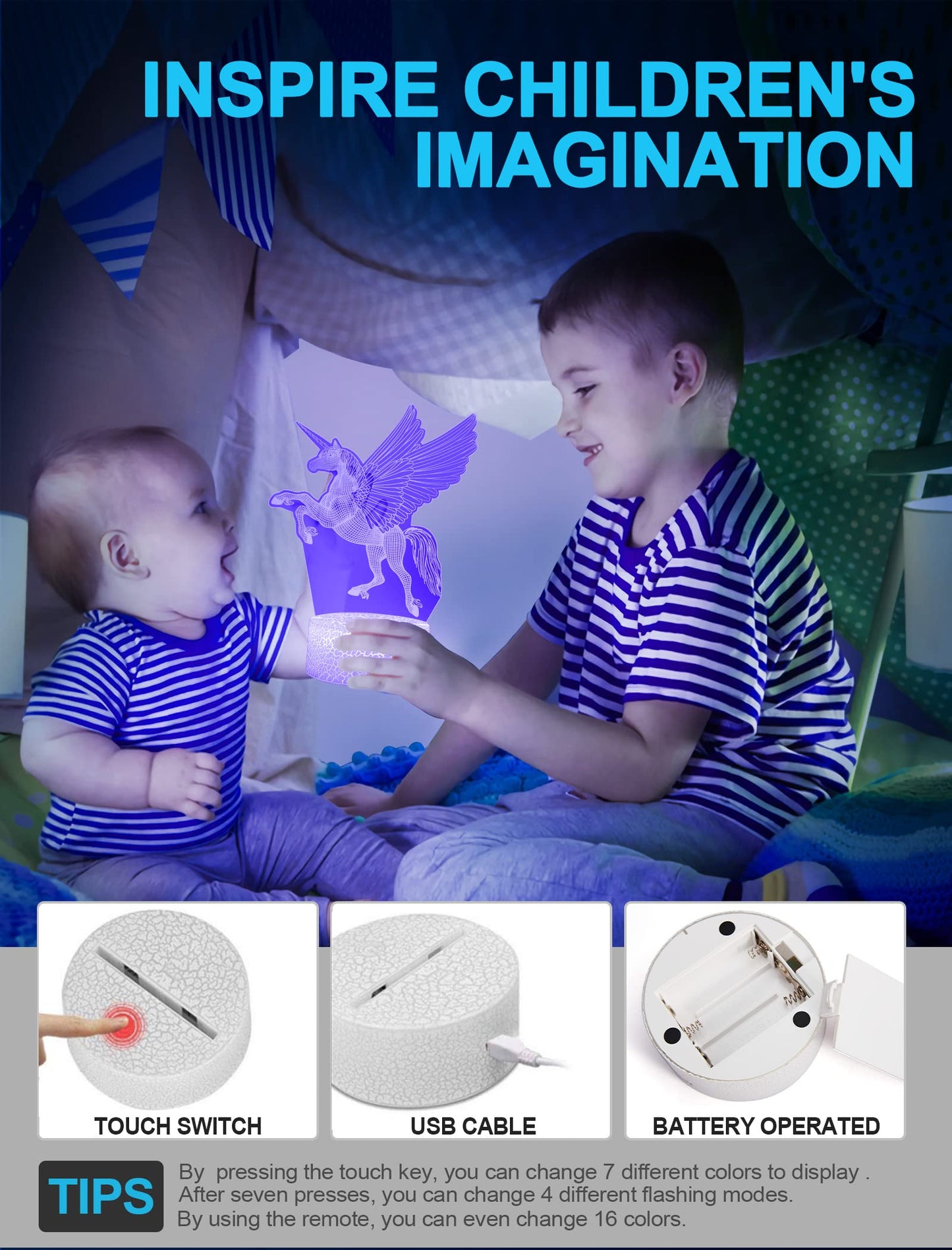 3D Dream Unicorn Nattelys - Til Drenge og Piger