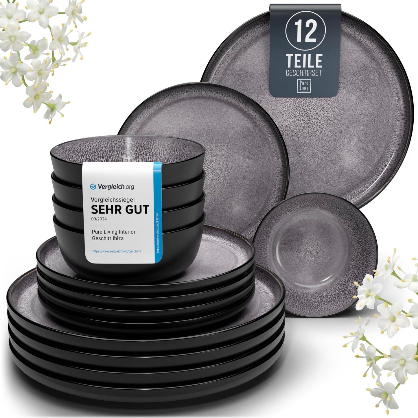 Pure Living Ibiza Stoneware Crockery Set for 6 People, 24-Piece