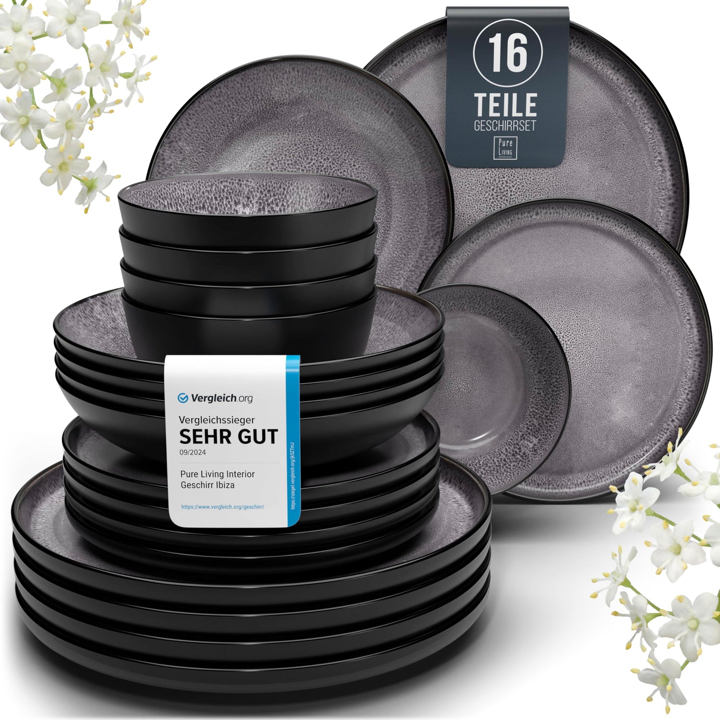 Pure Living Ibiza Stoneware Crockery Set for 6 People, 24-Piece