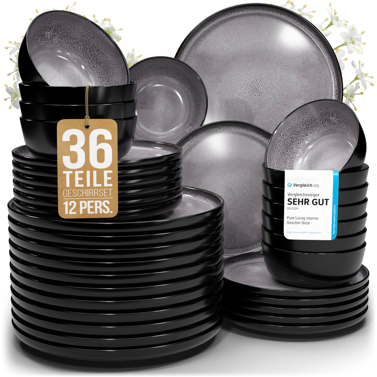 Pure Living Ibiza Stoneware Crockery Set for 6 People, 24-Piece