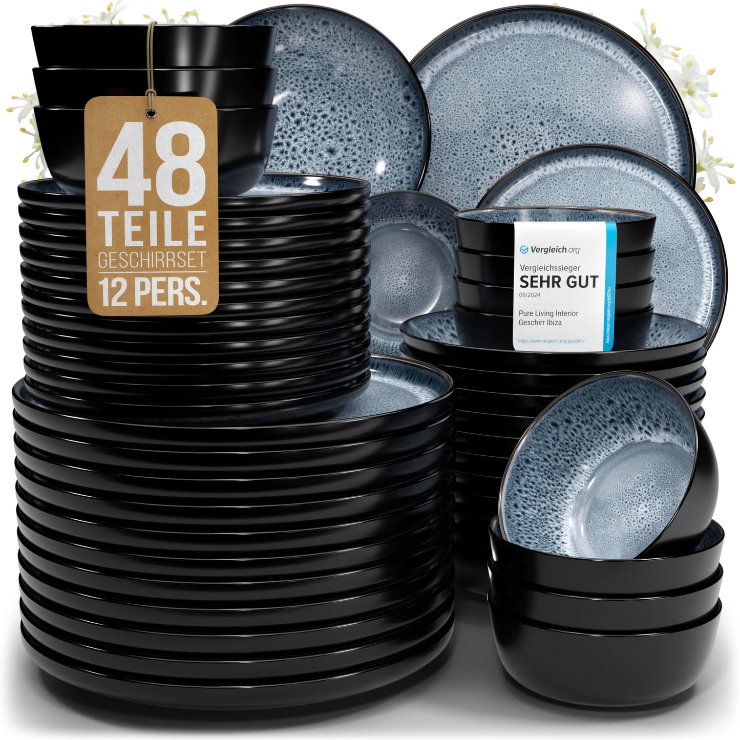 Pure Living Ibiza Stoneware Crockery Set for 6 People, 24-Piece
