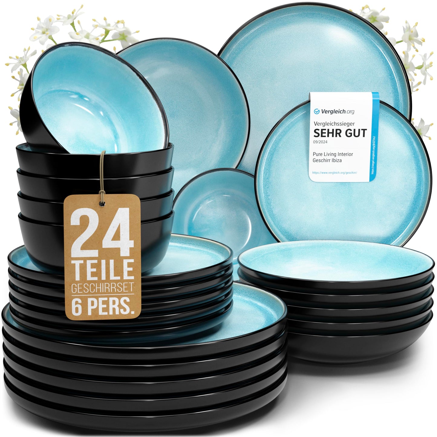 Pure Living Ibiza Stoneware Crockery Set for 6 People, 24-Piece
