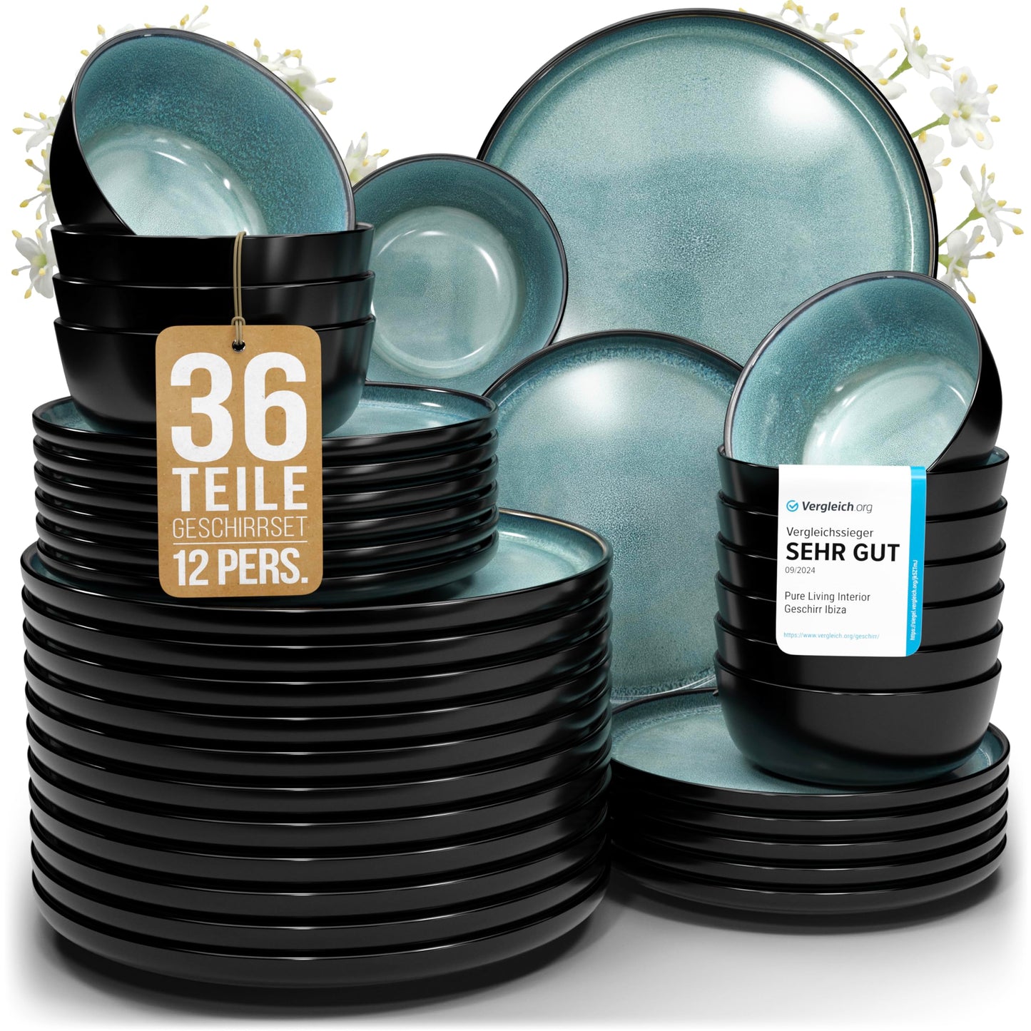 Pure Living Ibiza Stoneware Crockery Set for 6 People, 24-Piece