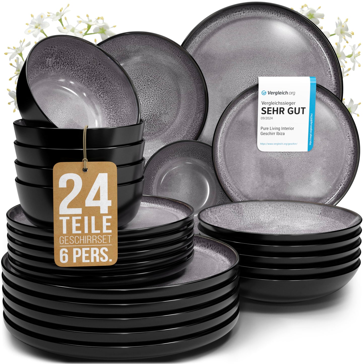Pure Living Ibiza Stoneware Crockery Set for 6 People, 24-Piece