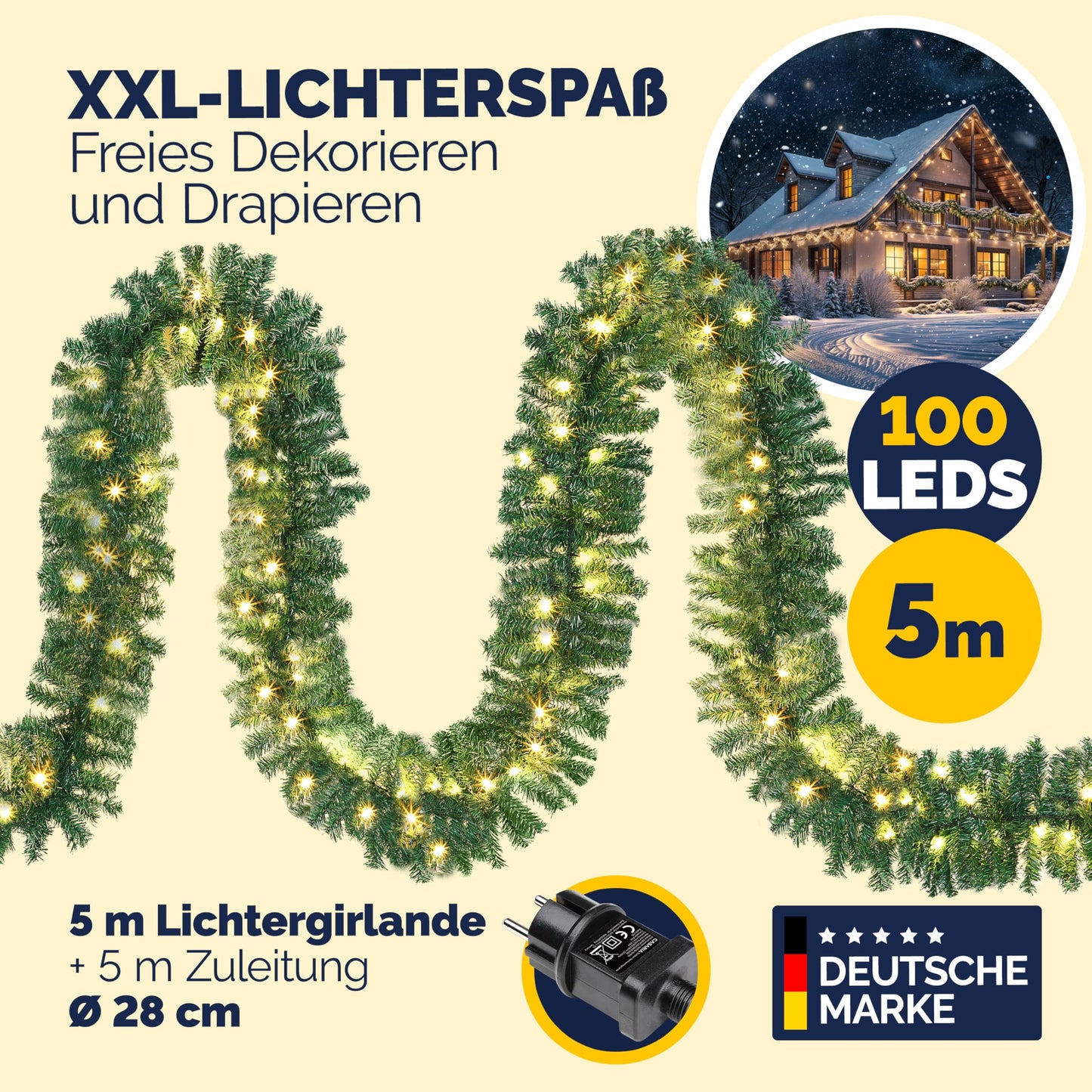 Casaria® Christmas Garland with Lighting Decoration, 5 m, 100 LEDs Illuminated Indoor Outdoor