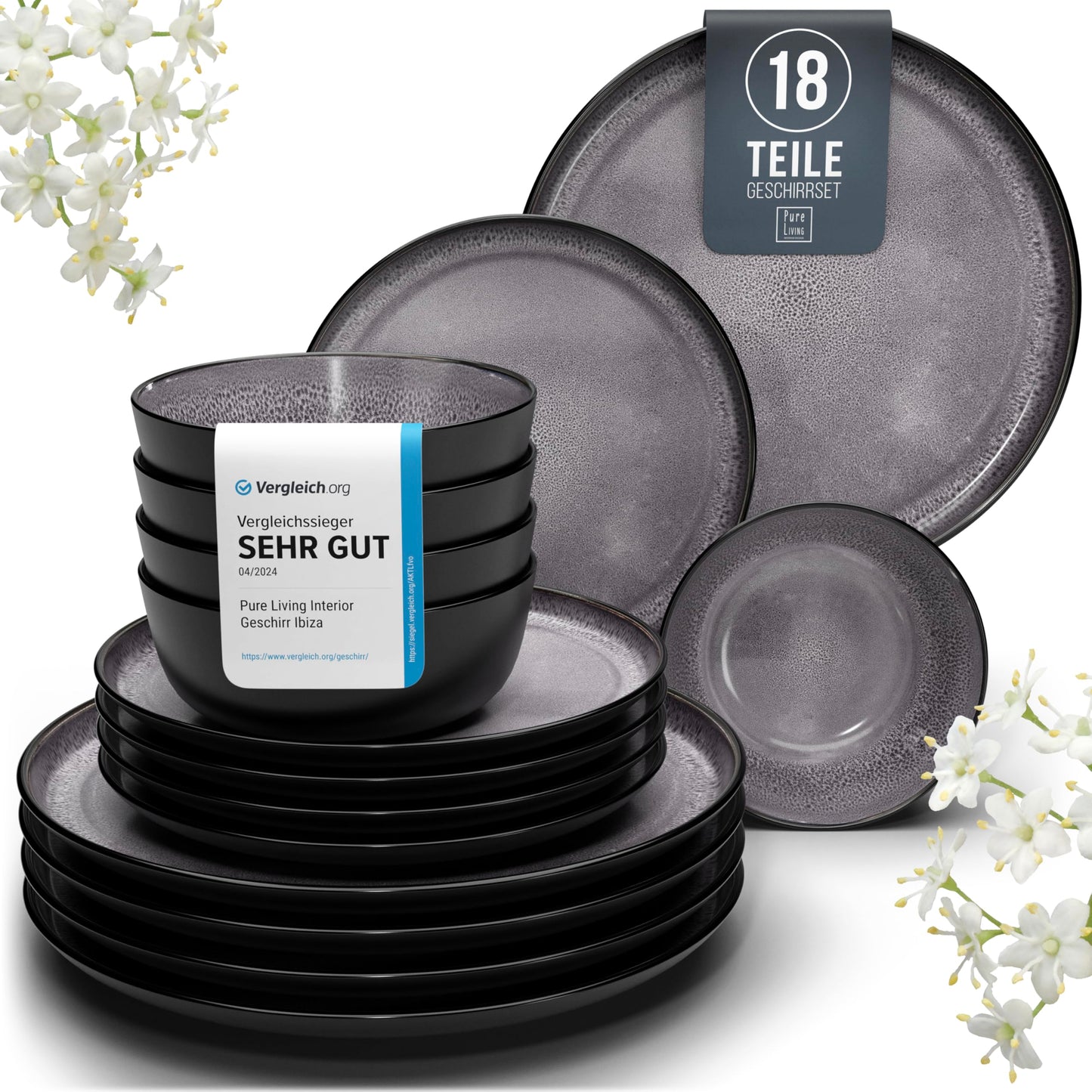 Pure Living Ibiza Stoneware Crockery Set for 6 People, 24-Piece