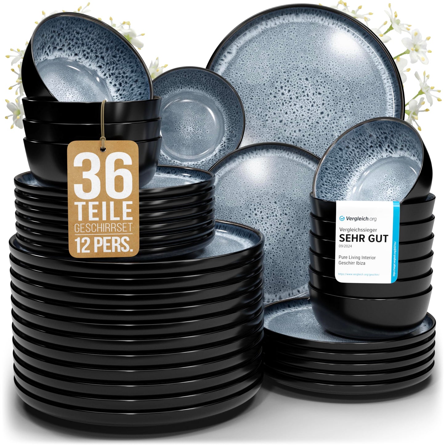 Pure Living Ibiza Stoneware Crockery Set for 6 People, 24-Piece