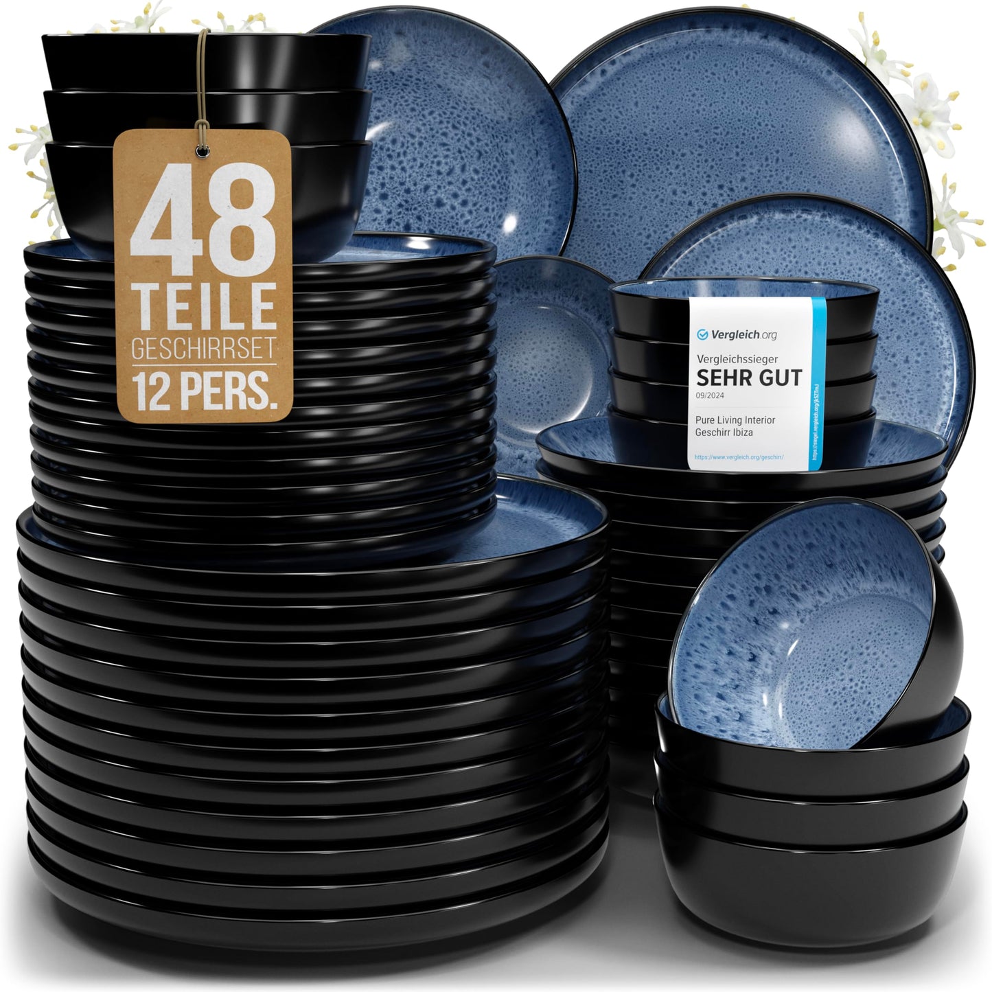 Pure Living Ibiza Stoneware Crockery Set for 6 People, 24-Piece