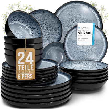 Pure Living Ibiza Stoneware Crockery Set for 6 People, 24-Piece
