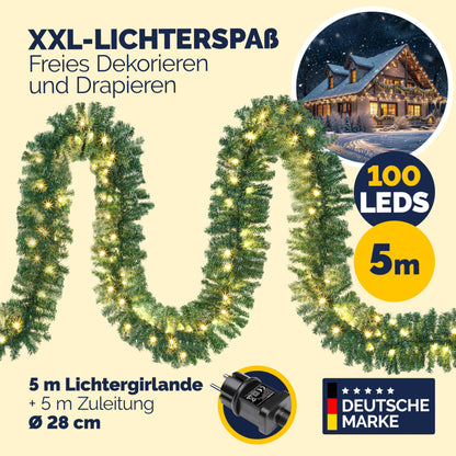 Casaria® Christmas Garland with Lighting Decoration, 5 m, 100 LEDs Illuminated Indoor Outdoor