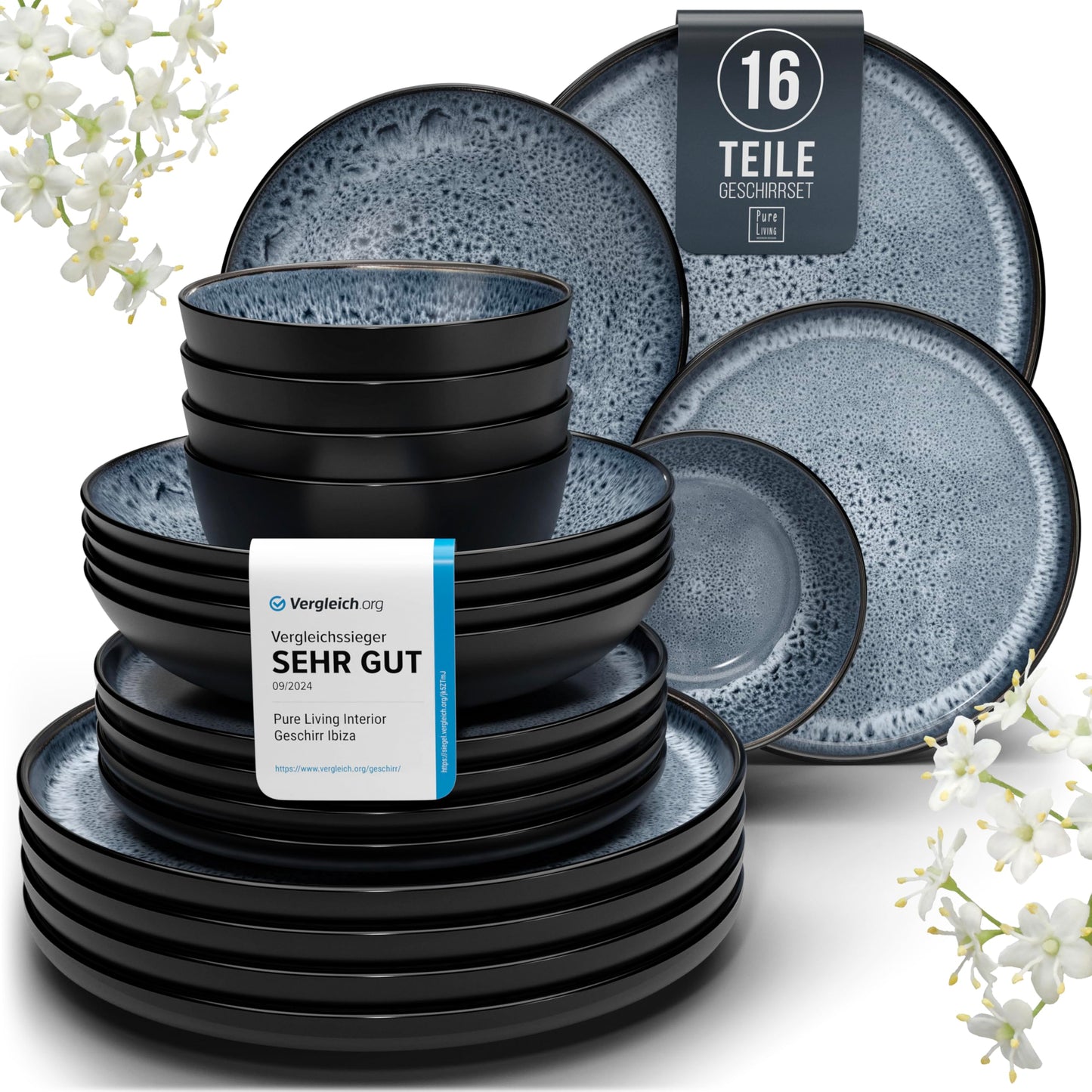 Pure Living Ibiza Stoneware Crockery Set for 6 People, 24-Piece